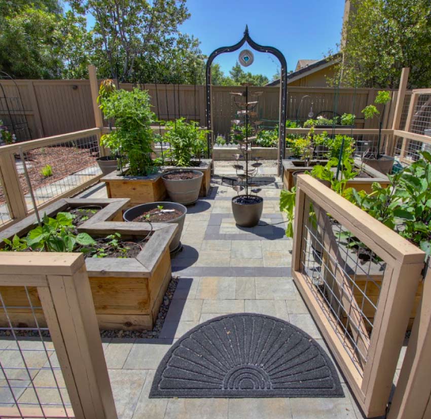 A meticulously organized residential garden featuring custom raised wooden planter beds arranged on a clean, modern paver stone patio. A decorative metal archway serves as a beautiful focal point, framed by wooden fencing with wire panels to create an elegant, protected outdoor living space for thriving plants and vegetables.