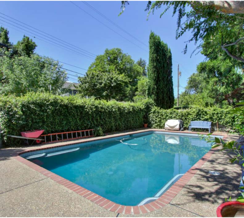 An inground swimming pool surrounded by a classic brick border and an aggregate concrete deck patio. Thick, tall green privacy hedges enclose the backyard perimeter, creating a secluded outdoor space shaded by mature trees under a clear blue sky.